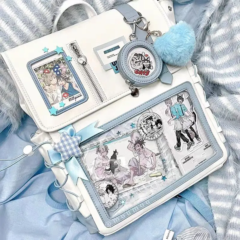 Синий рюкзак Y2K Itabag с рисунком Kawaii, сращивание из искусственной кожи, можно в комплекте, сумка через плечо, большая вместительная сумка, водонепроницаемая сумка для хранения