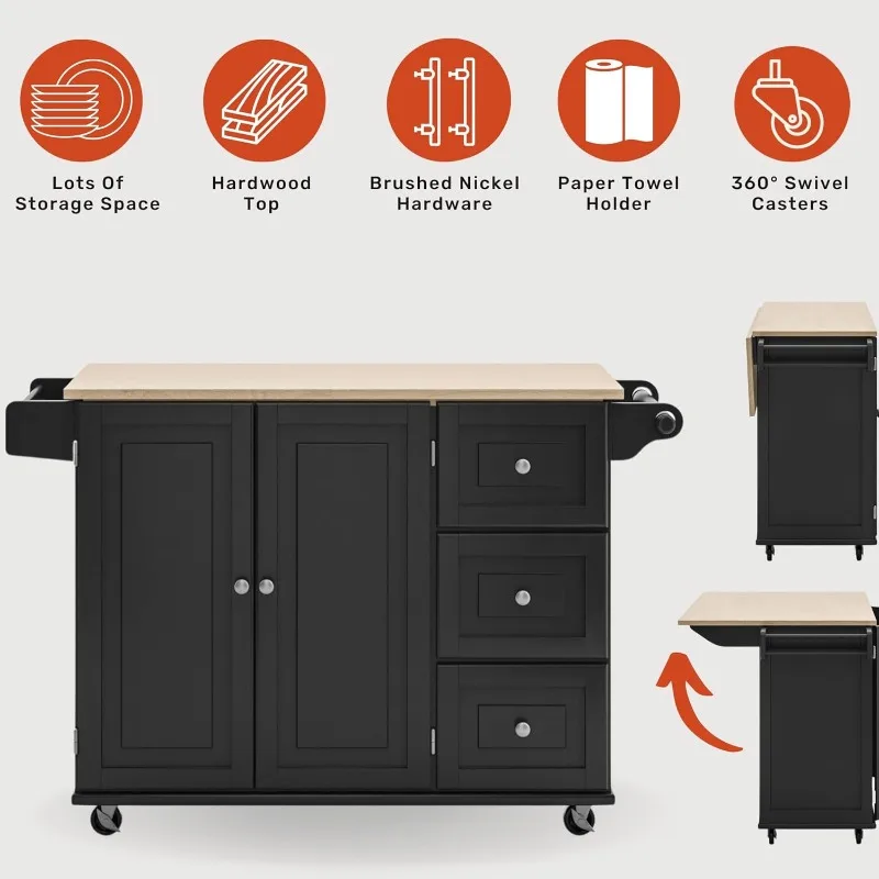 Homestyles Dolly Madison Kitchen Cart with Wood Top and Drop Leaf Breakfast Bar, Rolling Mobile Kitchen Island with Storage