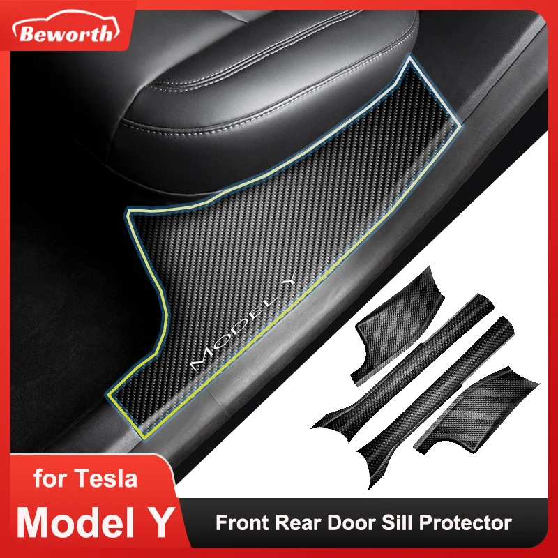 4Pack Front Rear Door Sill Protector Cover for Tesla Model Y Carbon Anti Kick ABS Pedal Guards Inner Strip Parts MY Accessories