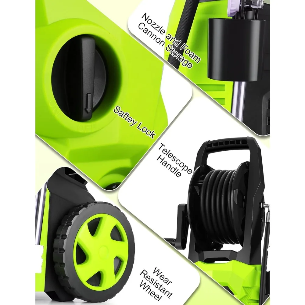 고압 세척기 - 2025년 신형 파워 클리너 업그레이드된 33피트 고압 세척기 호스 릴, 폼 캐논, 4개 노즐 세트, 파워