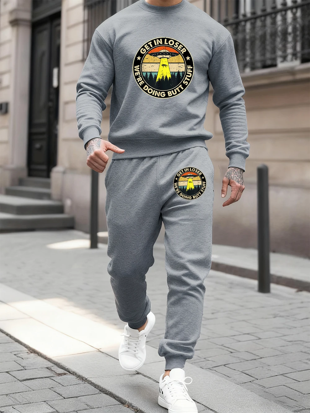 

2 Pcs Hoodies Set Mens Get In Loser Ufo Prints Sweatpants Winter Crewneck Loose Sweatshirt Jogging Pants Sporty Fleece Clothes