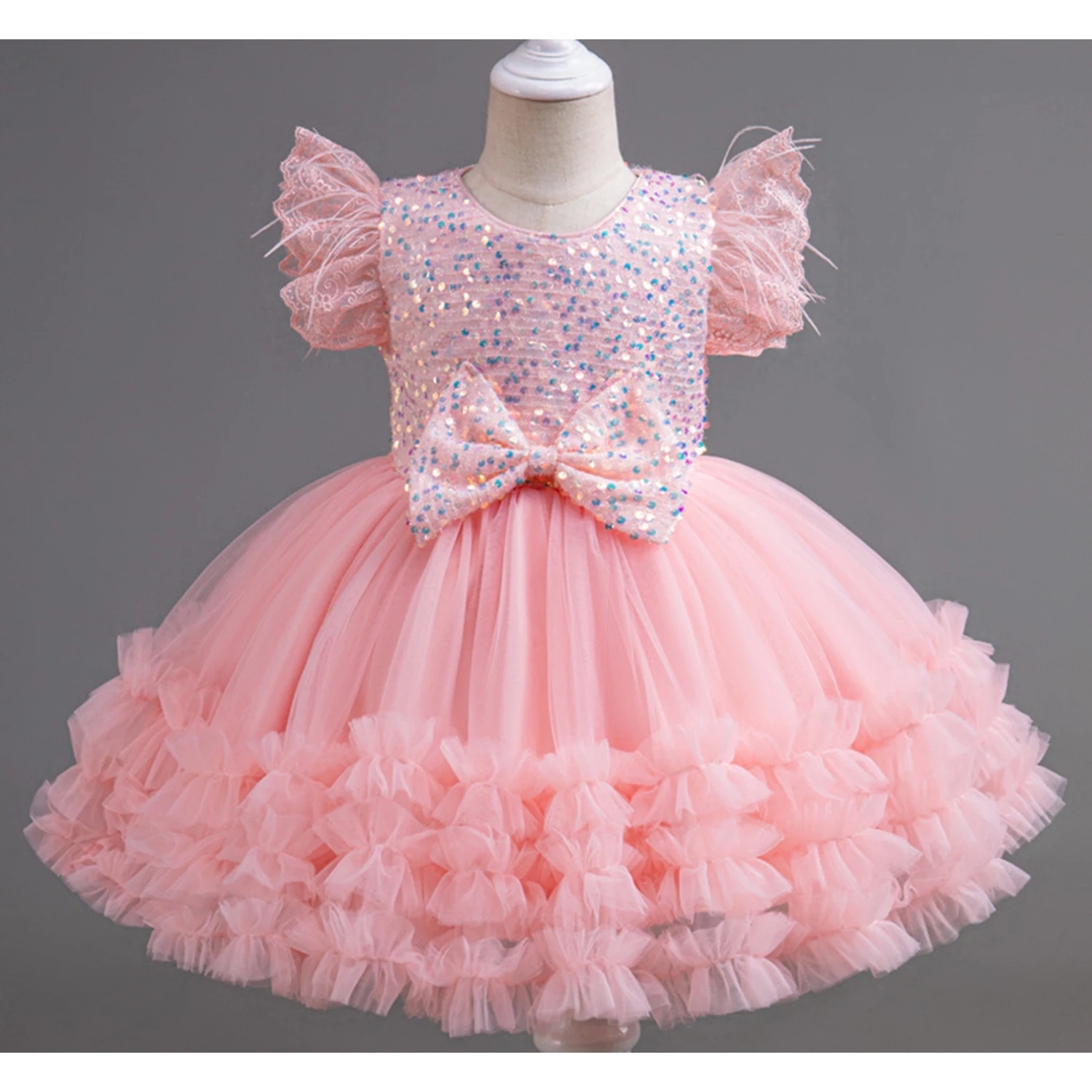 

Elizabeth Fashion 2-10 Years Feather Sleeves Sequined Layered Ruffled Soft Tulle Cupcake Birthday Party Formal Dress