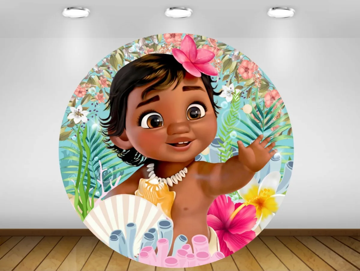 Round Backdrop Cover Moana Princess for Birthday Party Baby Shower Background Wall Vaiana Decorations Photo Booth