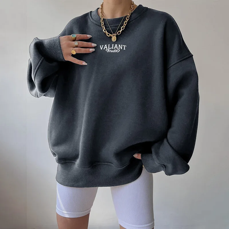 New autumn and winter women's casual round neck hoodie loose fit printed top multifunctional pullover trendy street top