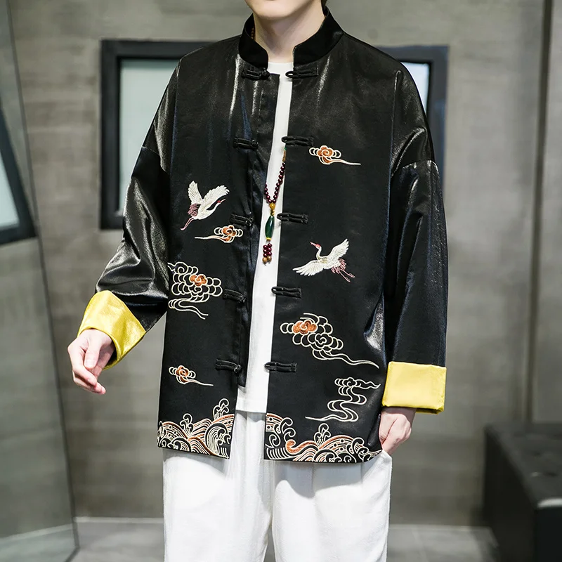 

Chinese Traditional Dress Crane Embroidery Ice Silk Tang Suit Tai Chi Kung Fu Hanfu Summer Plus Size Long Sleeve Jacket Men