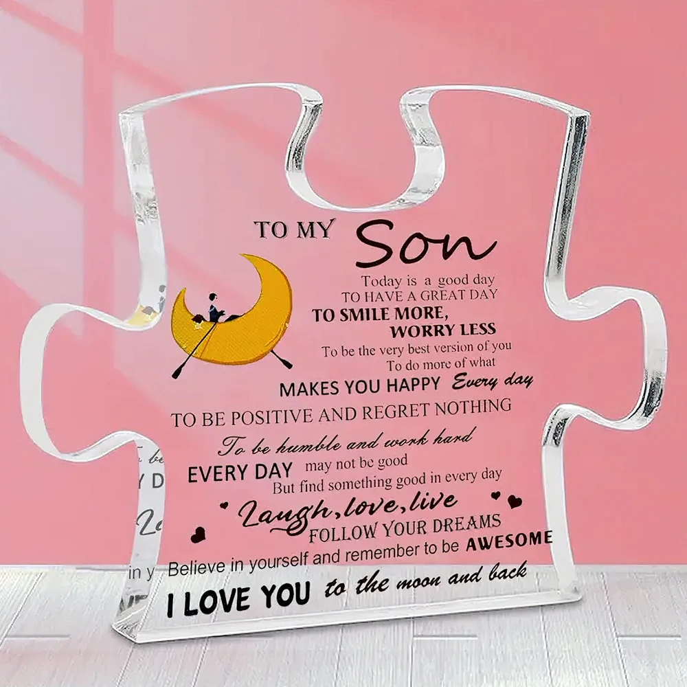1 placa de rompecabezas acrílica con mensaje de corazón para hijo, decoración de escritorio inspiradora, regalo perfecto de mamá para cumpleaños