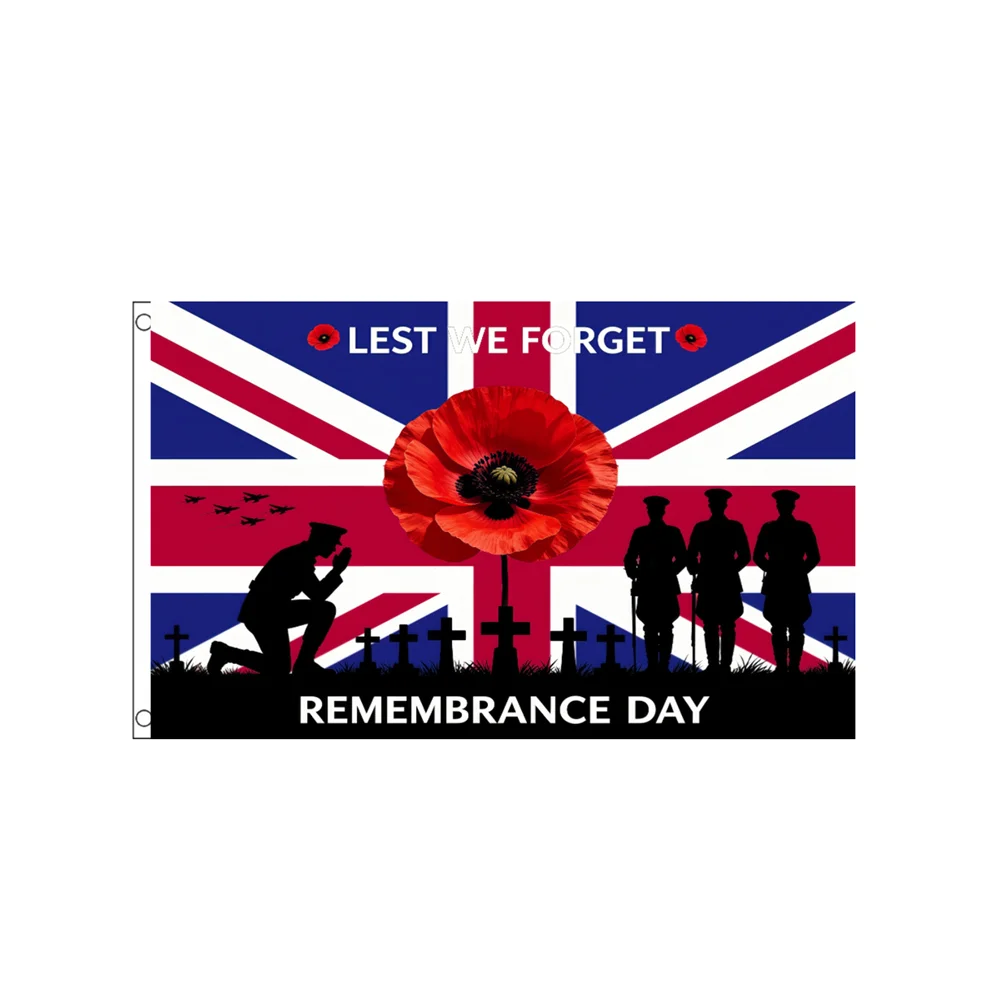 Remembrance Day Flag UK Lest We Forget Poppy Soldiers 2x3FT 3x5FT Polyester Banner For Home Decor Wall Hanging Patriotic Gift
