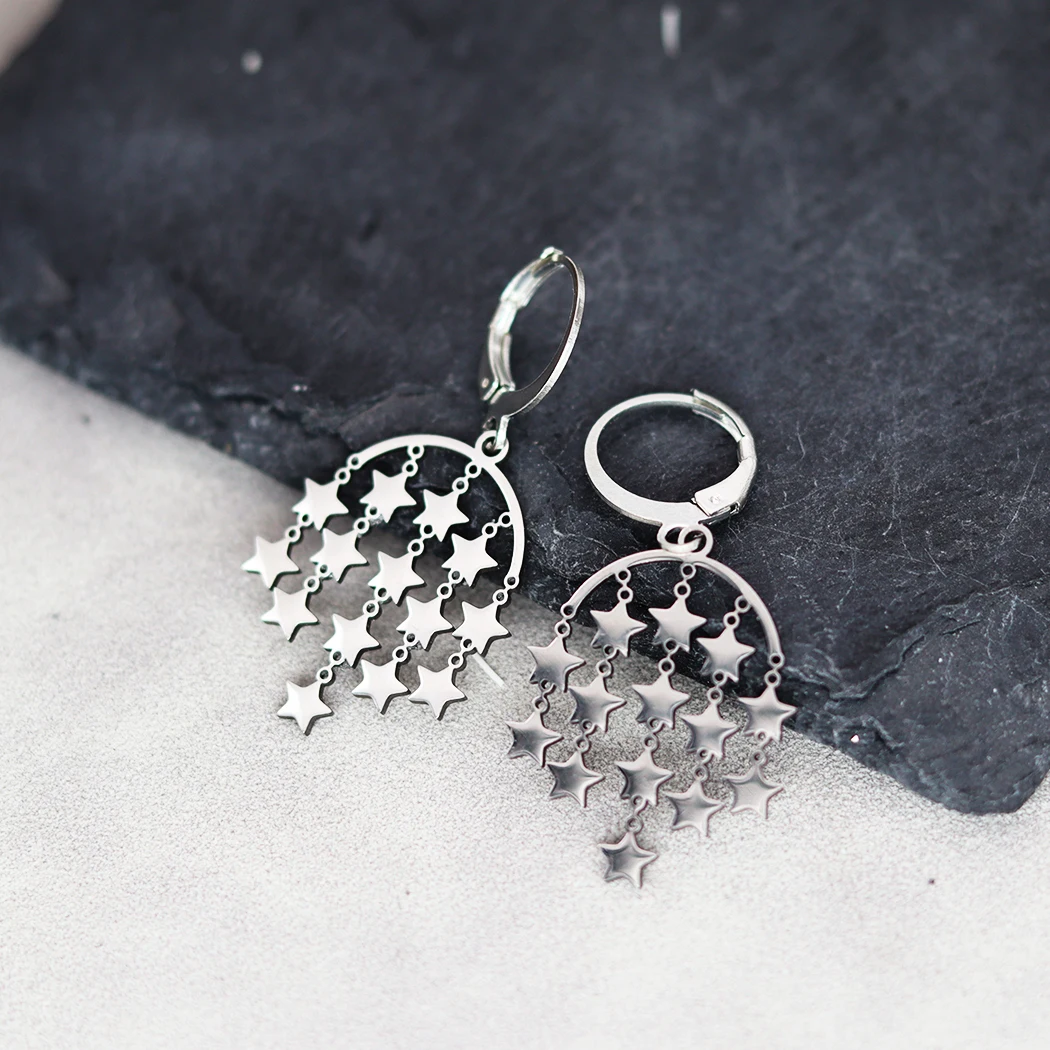 QIAMNI Star Pendant Hoop Earrings Fashion Party Wedding Piercing Jewelry Stainless Steel Dangle Drop Earrings for Women Girls