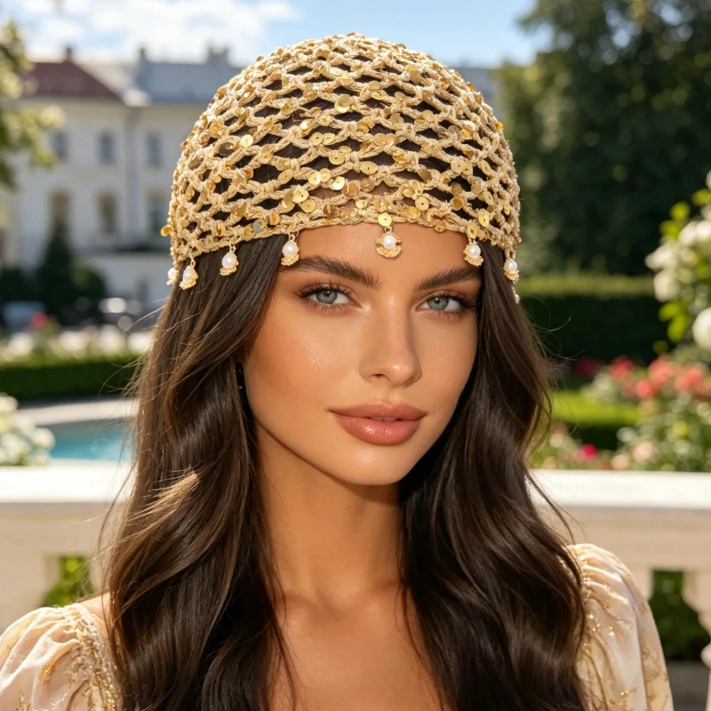 Spring Summer Beanies Shell Pearl Moon Star Pendant Decorative Hollow Mesh Knitted Hat Beanies Breathable Artist Hat