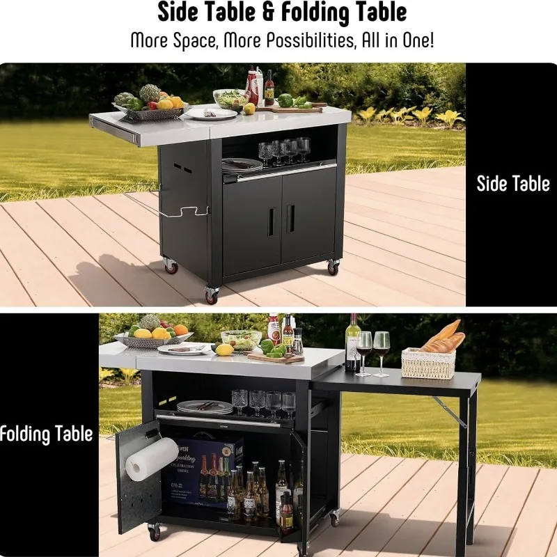 Removable BBQ Grill with Cabinets Outdoor Kitchen Foldable Side Table Stainless Steel Countertop Cart 3