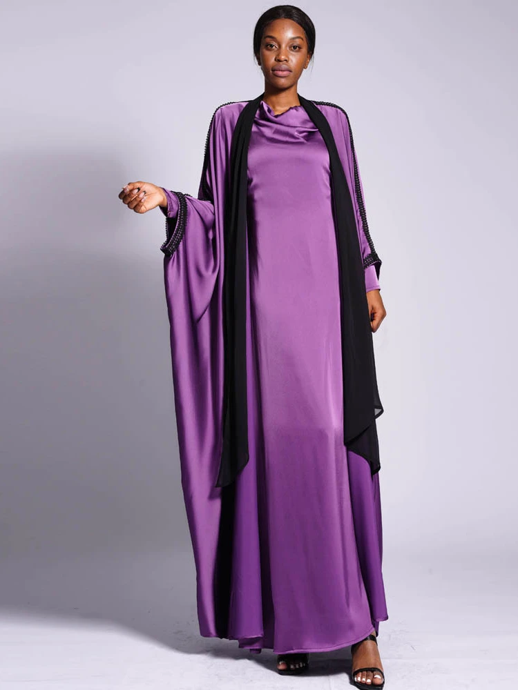 Imagem -03 - Vestido Abaya Muçulmano para Mulheres Eid Caftan Manga de Morcego Vestido de Festa com Renda Ramadan Kaftan Fundo Pregas Conjunto de Peças 2023