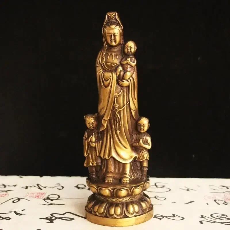 Feng Shui Copper Guanyin Statue of Buddha Standing Holding The Child Bodhisattva Home Living Decor