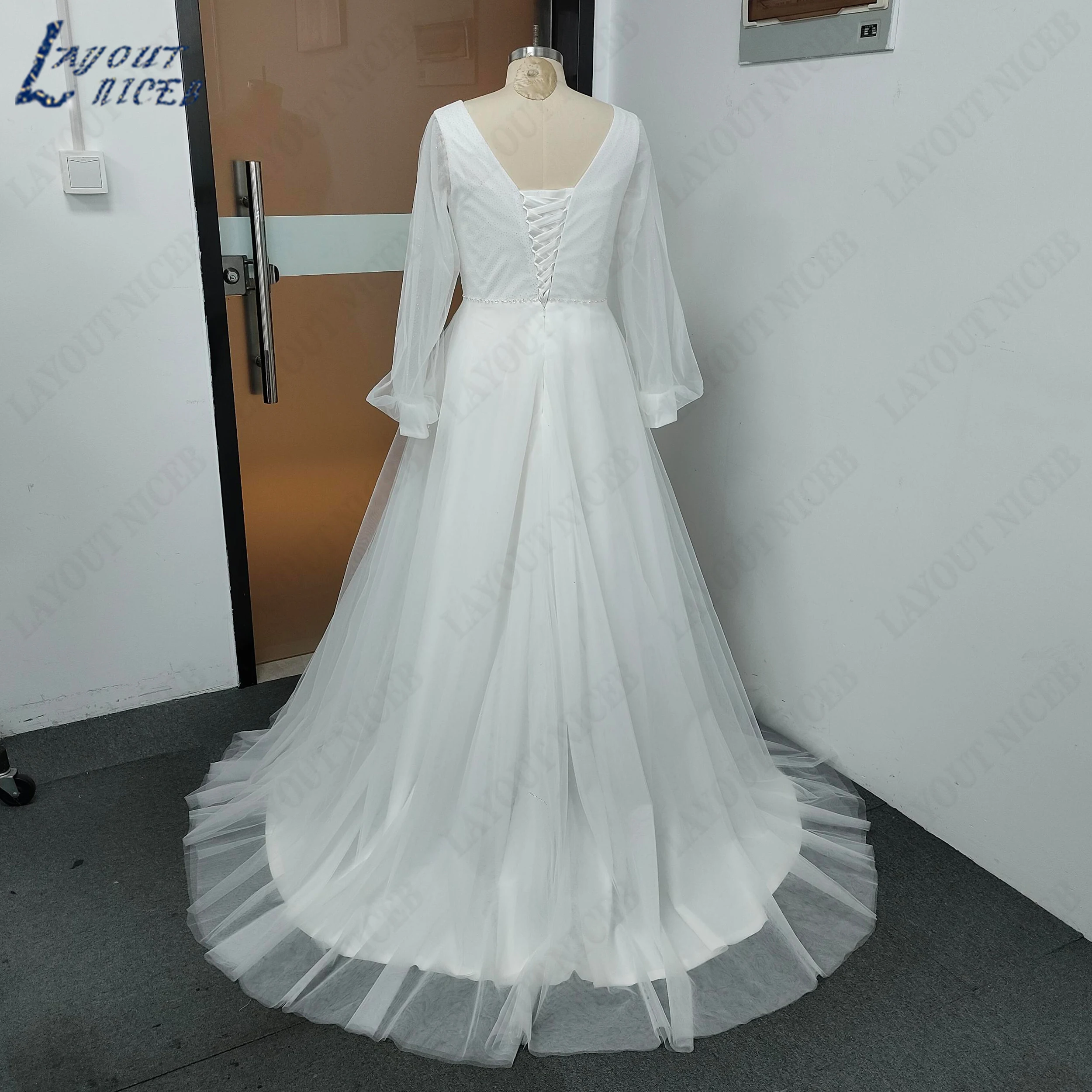 LAYOUT NICEB V-Neck Full Puff Sleeves Bridal Gowns 2024 Backless A-Line Tulle Wedding Dresses Back Lace Up Vestidos De Fiesta