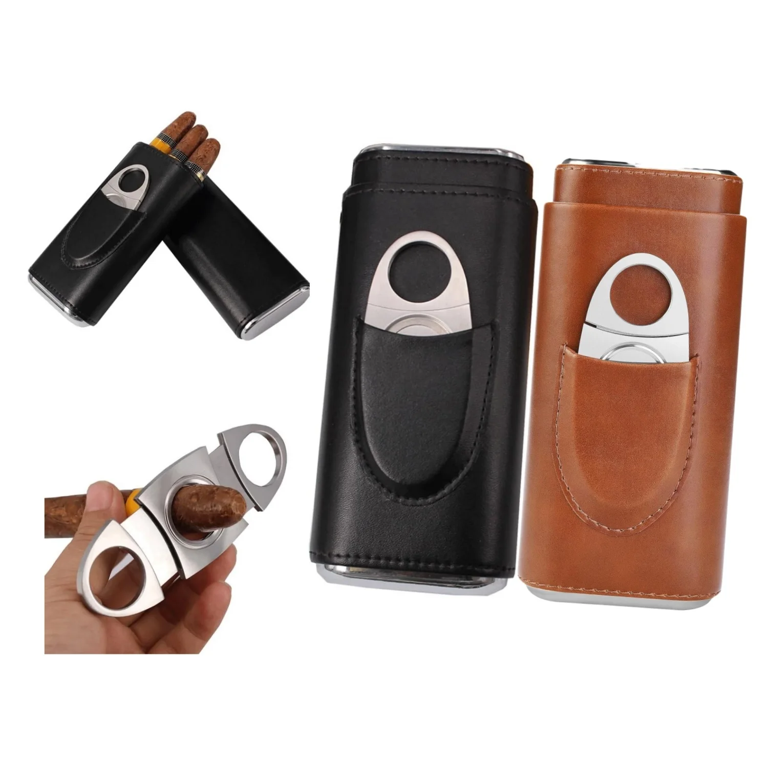 

Чехол для сигар из искусственной кожи с резаком из нержавеющей стали, портативный держатель для хьюмидора для сигар с 3 пальцами и подкладкой из кедрового дерева для путешествий или домашнего использования