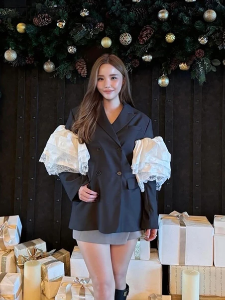 Fashion Pleated Lotus Leaf Splicing Long-sleeved Loose Double-breasted Lapel Blazers Japanese Commuter Style Mid-length Blazers