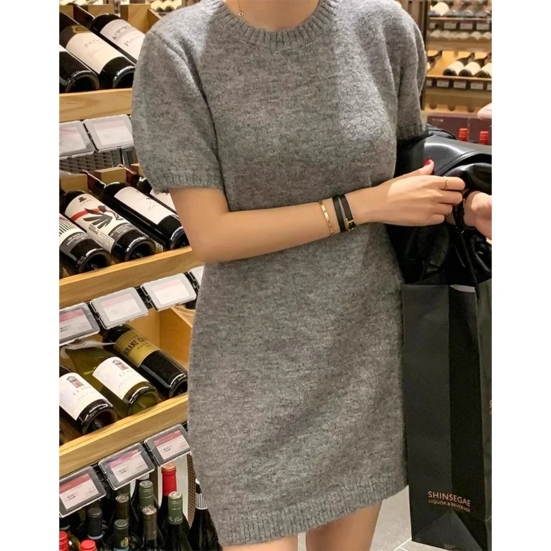 Gagaok Korean Fashion Clothes Sweater Dresses Women Simple Elegant O Neck Knitted Dress 2024 Autumn Short Sleeve Vestidos