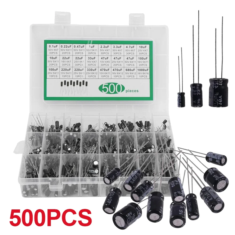 500Pcs 24 Values 16V-50V 0.1uF-1000uF Aluminum Electrolytic Capacitor Low Frequency Metal Electrolytic Capacitors for TV LCD