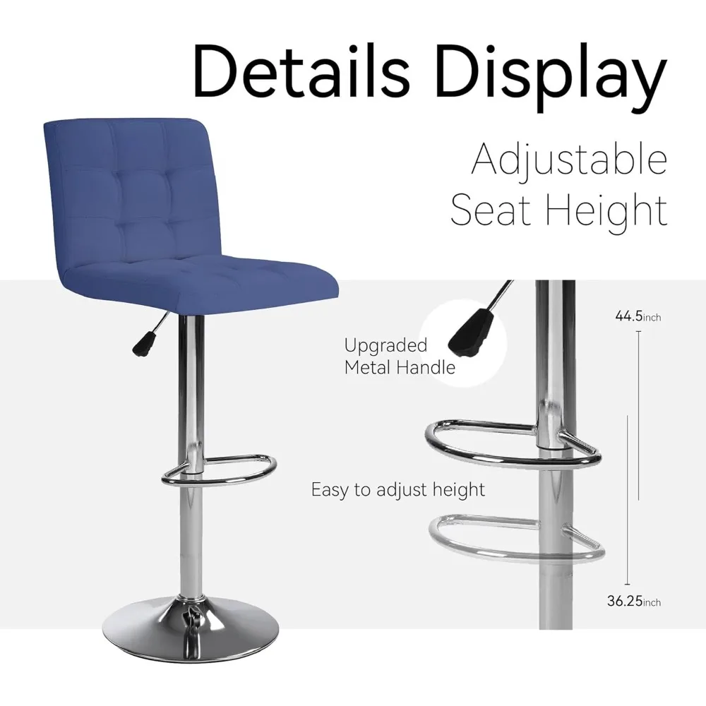 Blue Square Cushion Bar Stools Set with Back, 2 Counter Height Chairs for Cafe Use