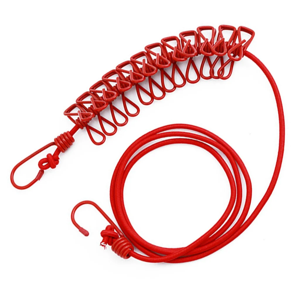 New Portable Outdoor Clothes Line Stretch Windproof Camping Flexible Laundry Rope With 12 Clips Metal Hooks