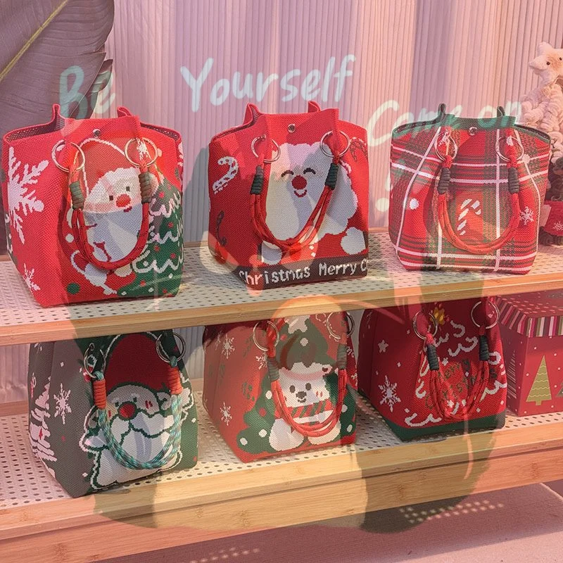 

Праздничная вязаная сумка-ведро с оленями: просторная женская рождественская сумка — портативная подарочная и сумка для покупок