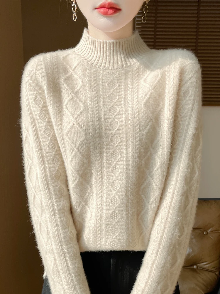 

100% Merino Wool Sweater Women Autumn Winter Pullovers Mock Neck Cashmere Knitwear Soft Warm Comfort Female Basic Bottom Shirt