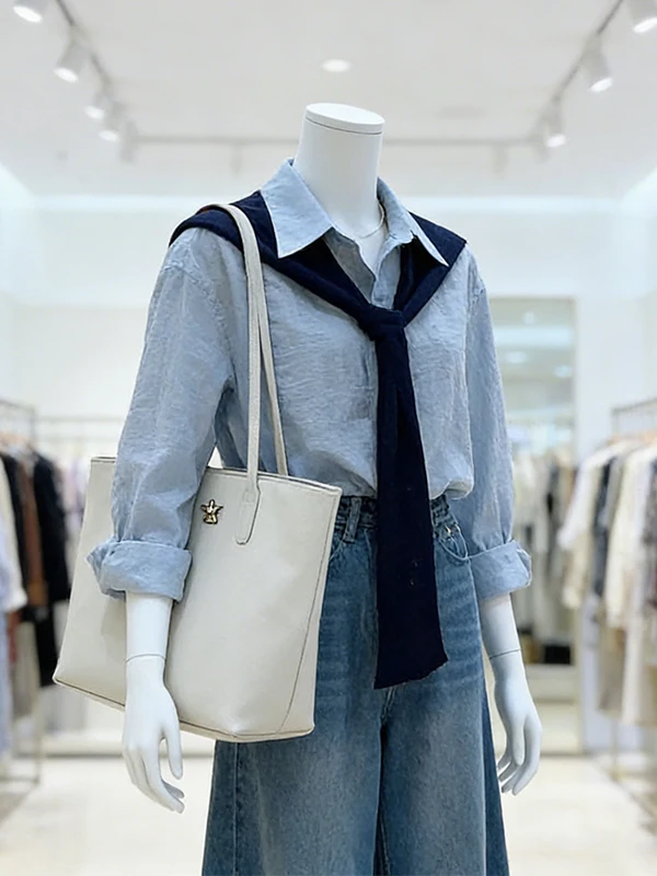 Large Size Spring Design Shoulder Shawl Shirt High Waist Wide Leg Jeans Three Piece Set Women's Fashion Casual Wear view 5