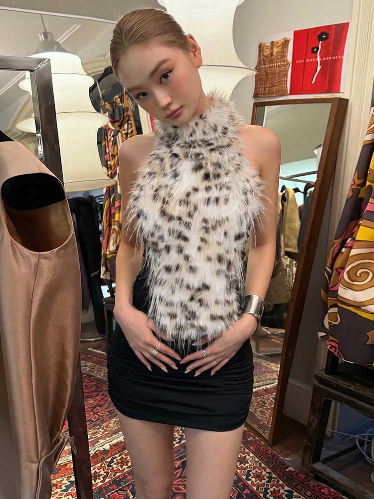 Sisterlinda Fashion Tank Top Women Hottie Leopard Furs Tassel Halter Backless Patchwork Midnight Street Club Sexy Chic  Vest