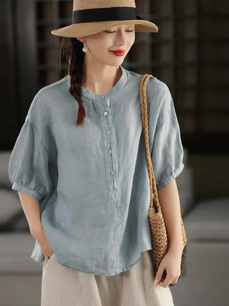 

Women Casual Linen Shirt New Arrival 2025 Summer Vintage Style Stand Collar Loose Female Half Sleeve Tops Shirts T629