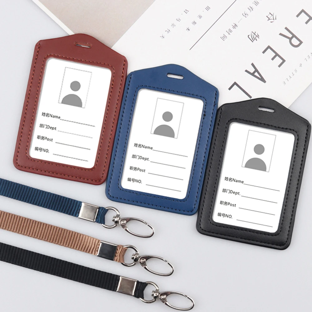 

Leather High quality Office Business Access Card Holder Name ID Card Cover Credit Card Holder Badge Card Case With Neck Lanyard