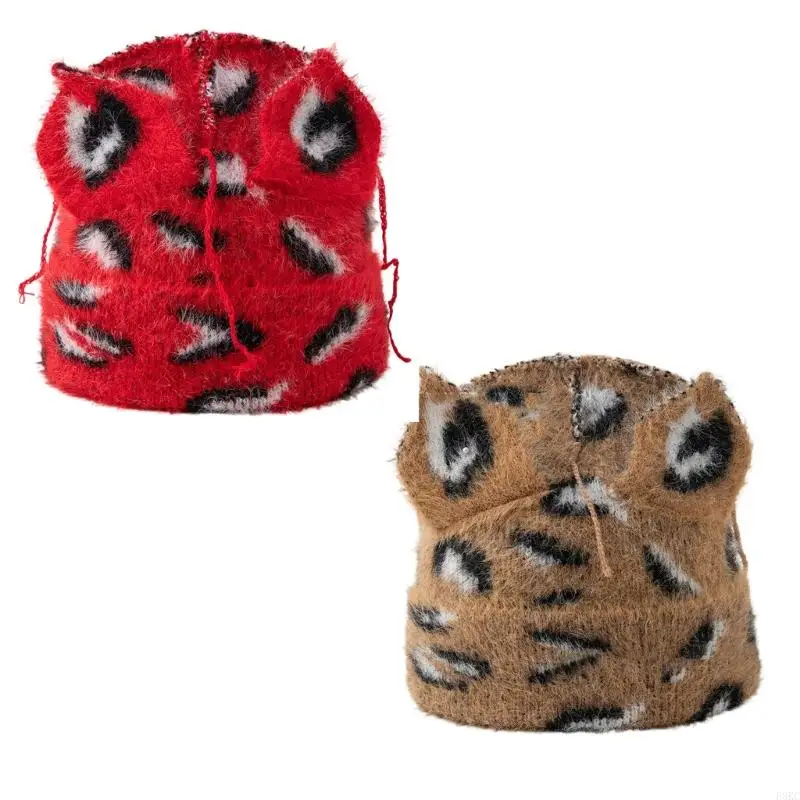 

F3KC Мягкая шляпа без полей из акрилового волокна с леопардовым узором и кошачьими ушкамиВязаная шапка-пуловер