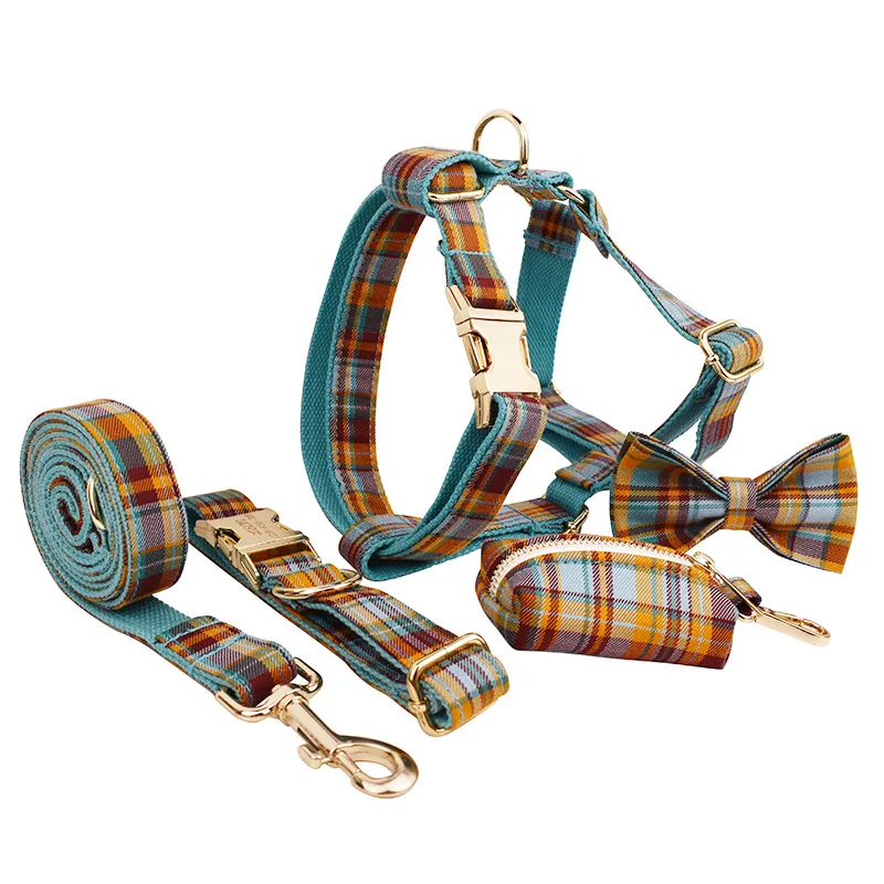 

Dog Harness Adjustable Retro Set Pet Collar Leash Poop Bag Plaid Pet Outdoor Set for Small Medium Large Dogs Pet Supplies