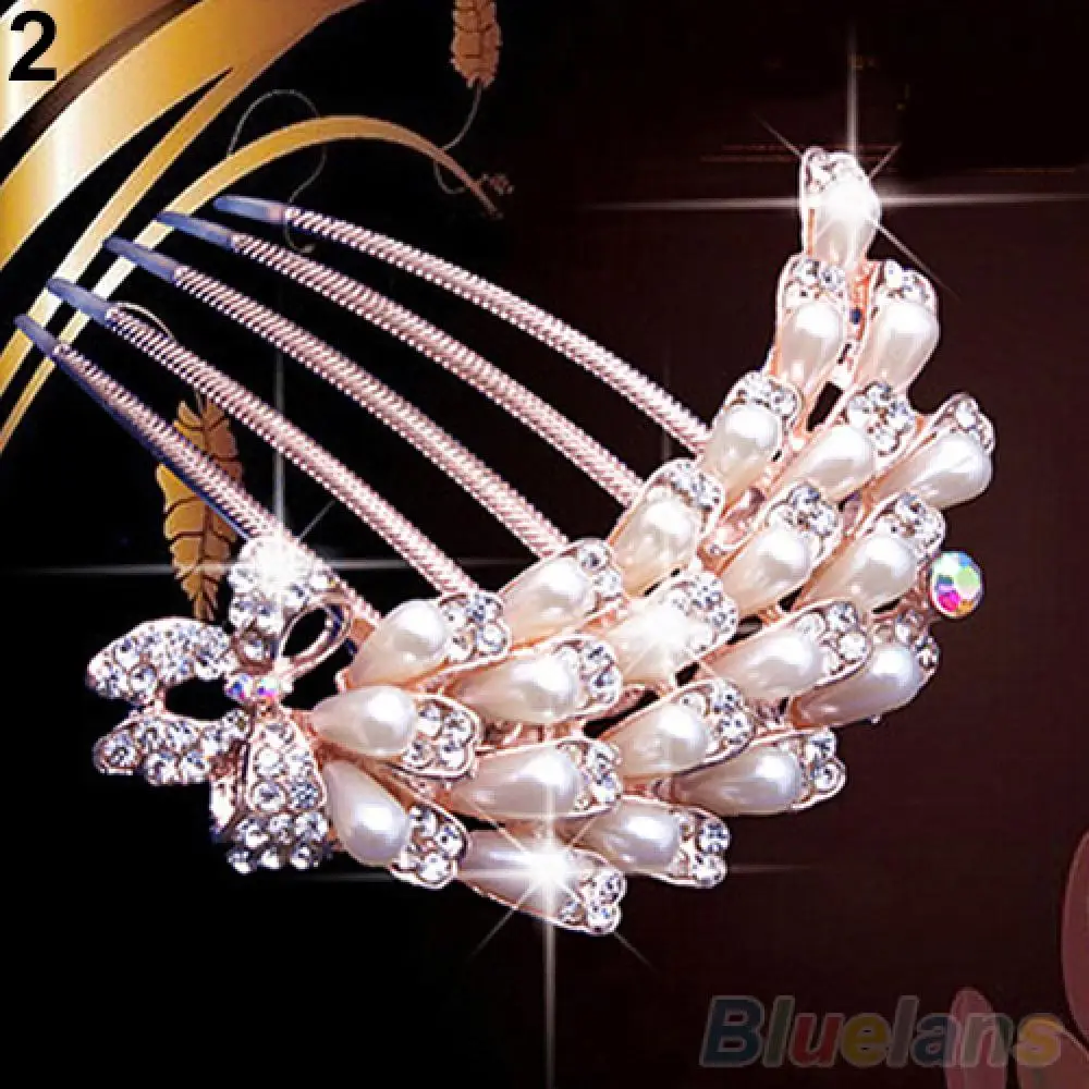 Bridal Rhinestone Faux Pearls Hairpin Flower Peacock Hair Clip Comb Head Jewelry Girls Wedding Hair Accessories