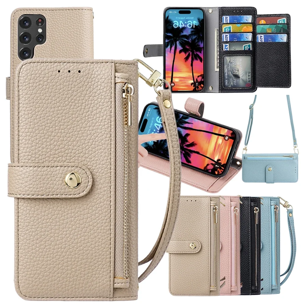 

Чехол-кошелек через плечо для Samsung Galaxy S25FE S24FE S25 Ultra S24 S23, кожаный чехол с ремешком, подставка для карт, карман для наличных