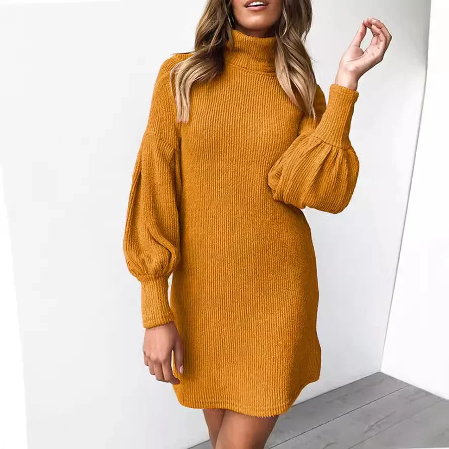 Solid Color Screw Thread High Neck Lantern Sleeve Knitted Dress, Women's Hip Wrap Sweater Dress, Autumn and Winter, Vestidos