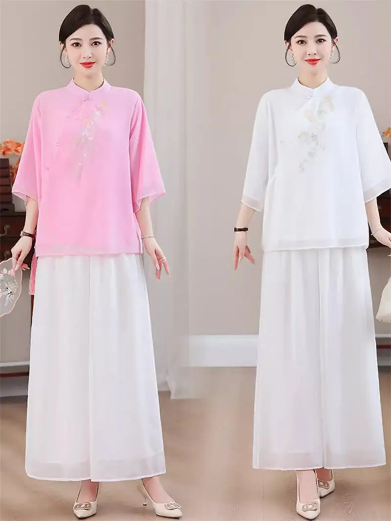 Summer Chinese Style 2 Piece Sets Women Outfit Luxury Elegant Vintage Embroidered Top+White Double Layer Wide Leg Pants K1080