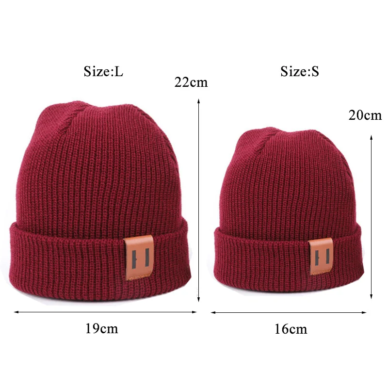 Baby Knit Hat for Boys Girls Autumn Winter Warm Kids Beanie Adult Children Parent-Child Hats Newborn Baby Cap with Leather Label