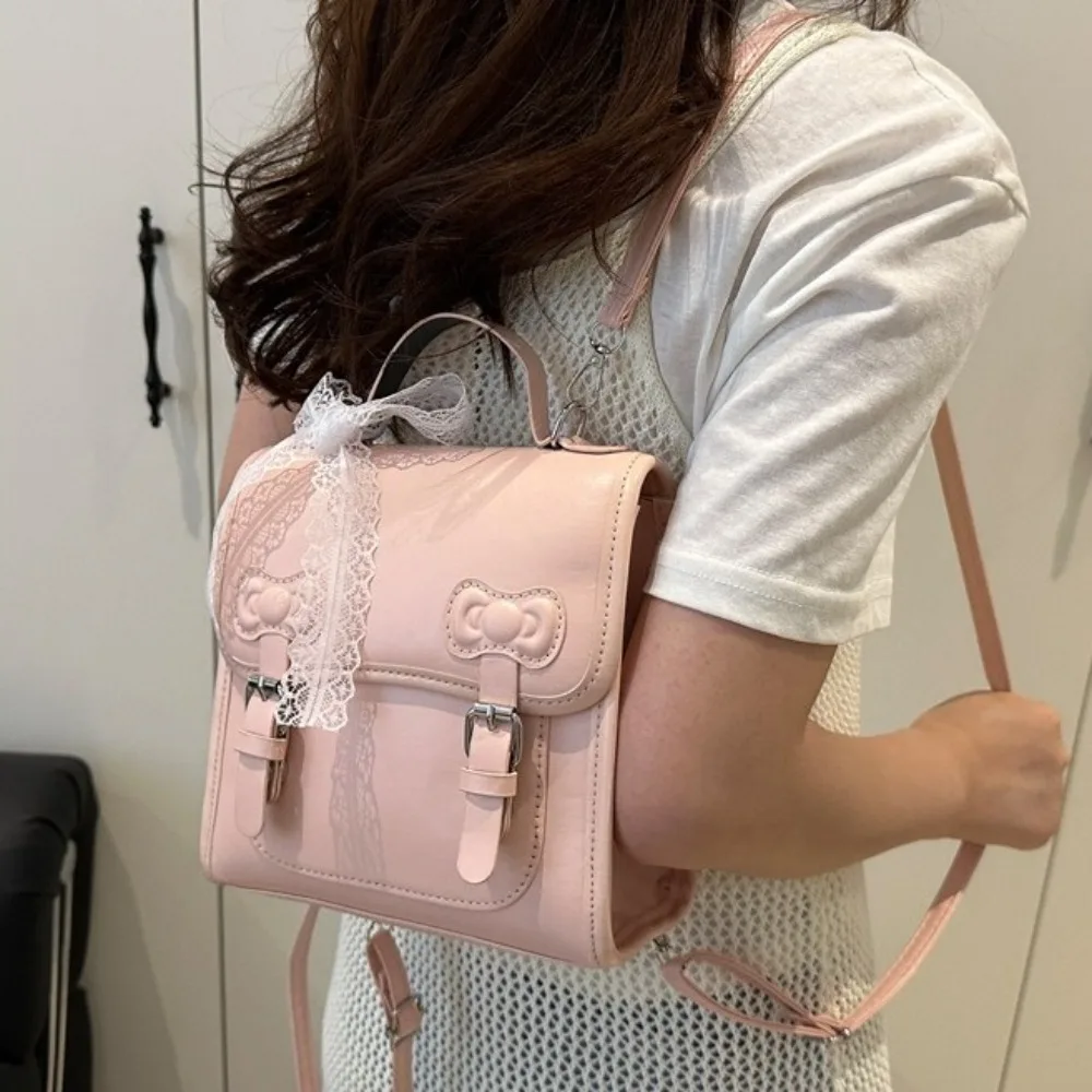 

Portable Square Bow Backpack Small Pack Solid Color PU Backpack Handbag Shoulders Bag Student School Bag Outdoor