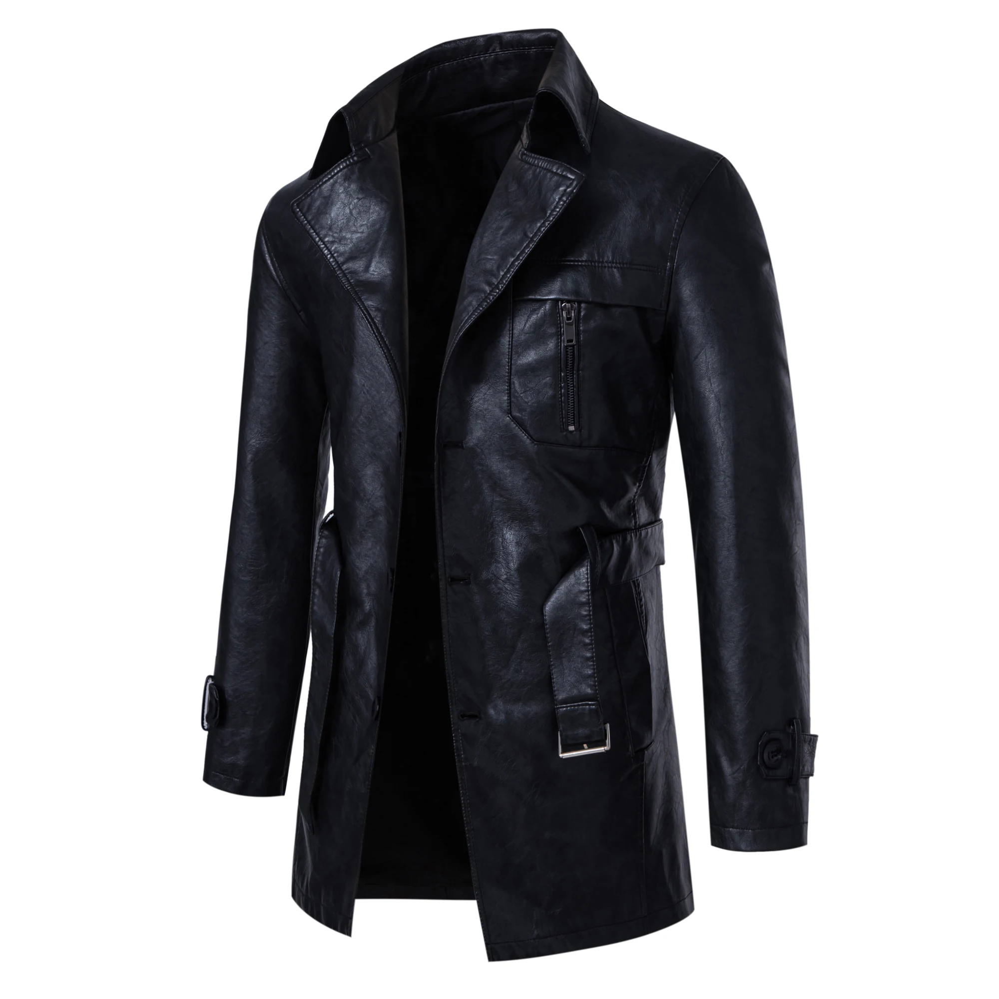 

Men's mid-length PU leather jacket with a detachable belt-lapel trench coat for business casual/urban commuting