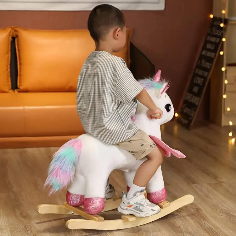 Baby Children Solid Wood Unicorn Rocking Horse Safety Trojan Toddler Rocking Chair Gift Birthday Gift 2-8 Years Old