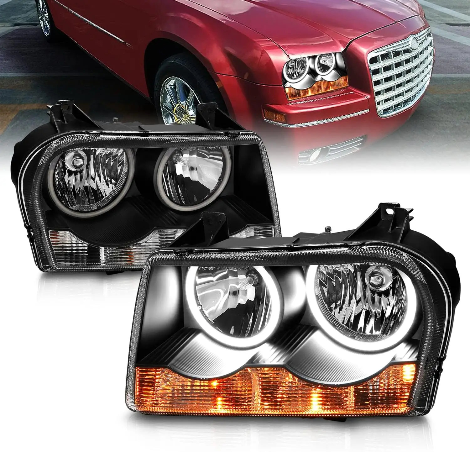 

for 2005-2010 Chrysler 300 [Halogen Type] Xtreme Dual LED Halos Black Headlights Assembly Set - Passenger and Driver Side