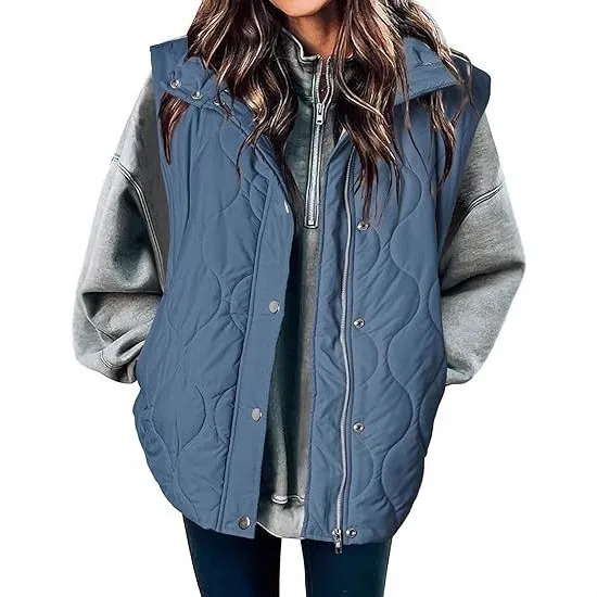 Stand Collar Zipper Vest Regular Length Streetwear with Medium Weight Gourd Pattern European and American Style Women Vest