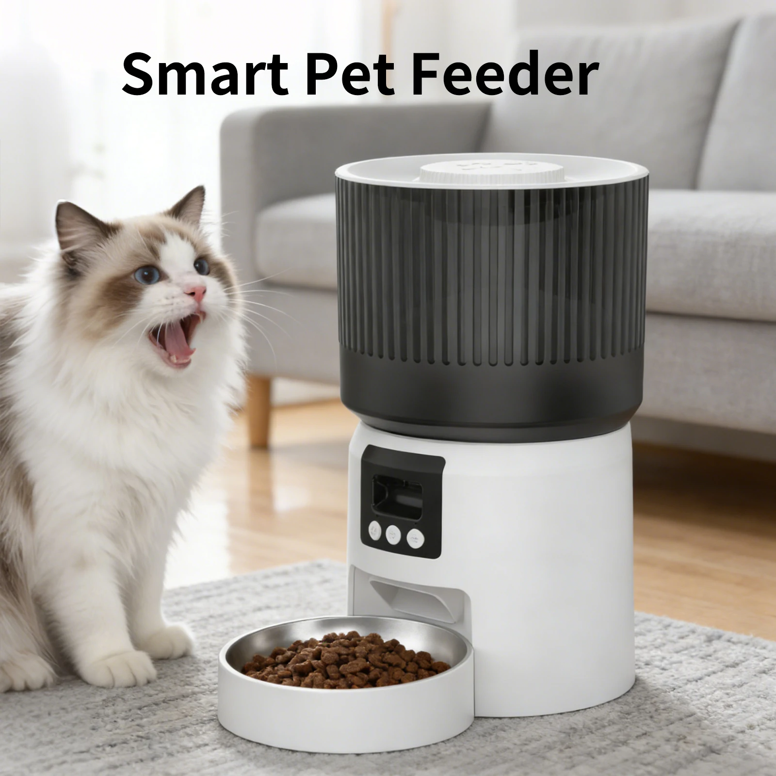 

Automatic Cat Feeder 4L Dry Food Dispenser with Dual Power Supply Programmable Portion Size White for Cats and Small Dogs