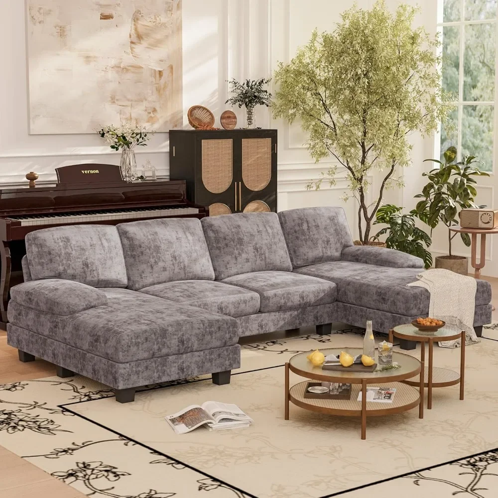 

Couches for Living Room, Sectional Sofa with Chenille Fabric, 4 Seat U Shaped Couch with Double Chaise for Home Furniture