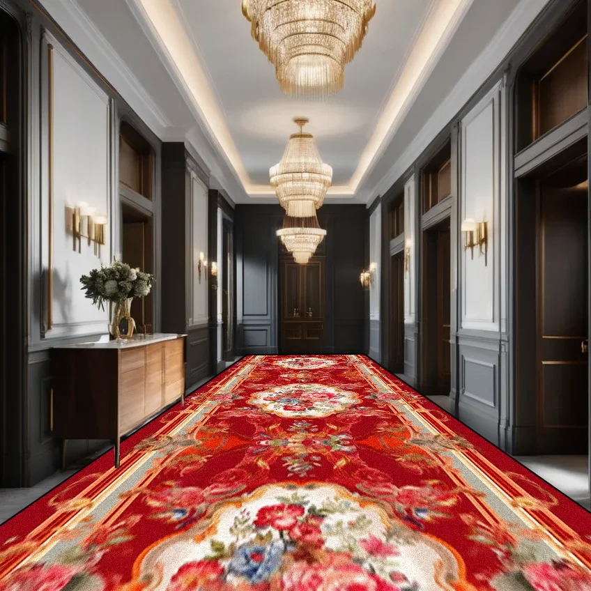 European Luxury Red Runner Corridor Carpet Hotel Wedding Walkway Customizable Non-slip Rugs Villa Hall Stair Entryway Floor Mats