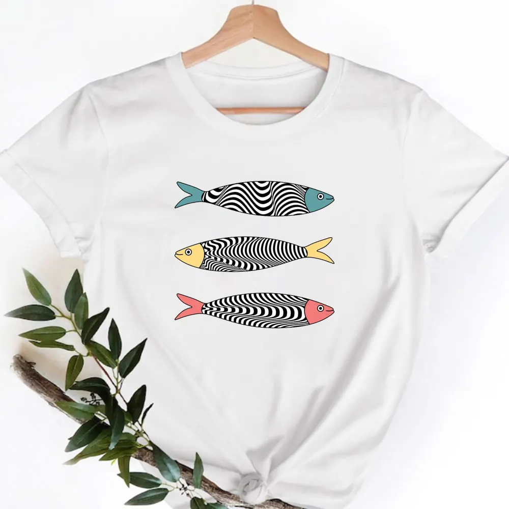 Boho Fishy Bohemian Style T-Shirt Fish Sketch Tees Retro Boho Lovely Tops New Arrival Printed Cute Summer Fashion Short-sleeve