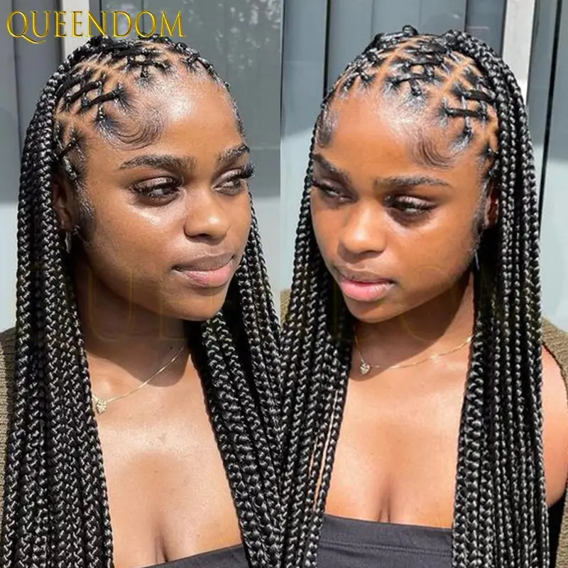 36 بوصة كامل الدانتيل شعر مستعار أمامي متقاطع جديلة شعر مستعار الاصطناعية آلهة صندوق شعر مستعار مضفر للنساء السود فو كورنو لوكس شعر مستعار