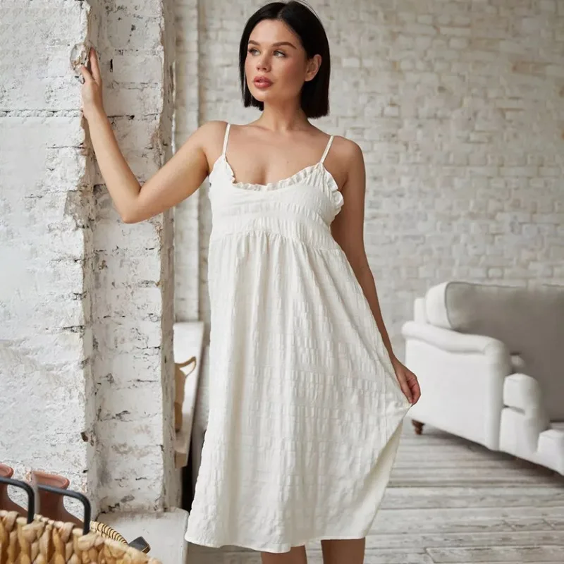 

Spring Loose Comfortable Suspender Nightgown Loungewear Pajamas Trendy European American Style Elegant L Size Sleepwear White