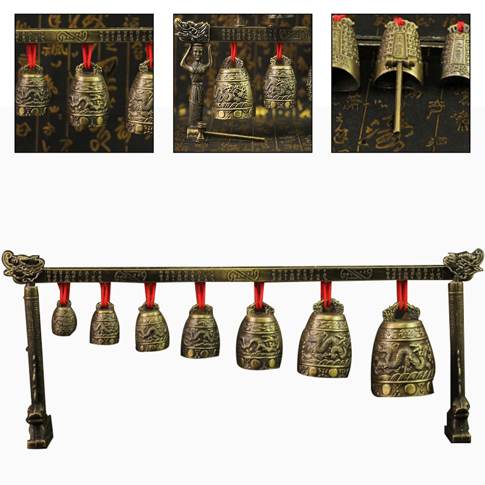 Single Layer Chime 39x15.5cm Chinese Musical Bronze Meditation Percussion Instrument With 7 Decorated Bell