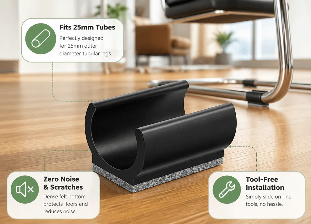 Felt Chair Glides 25mm Cantilever Chair Leg Floor Protectors Thick Felt Pads Noise Reduction Tool Free Slip On Fit
