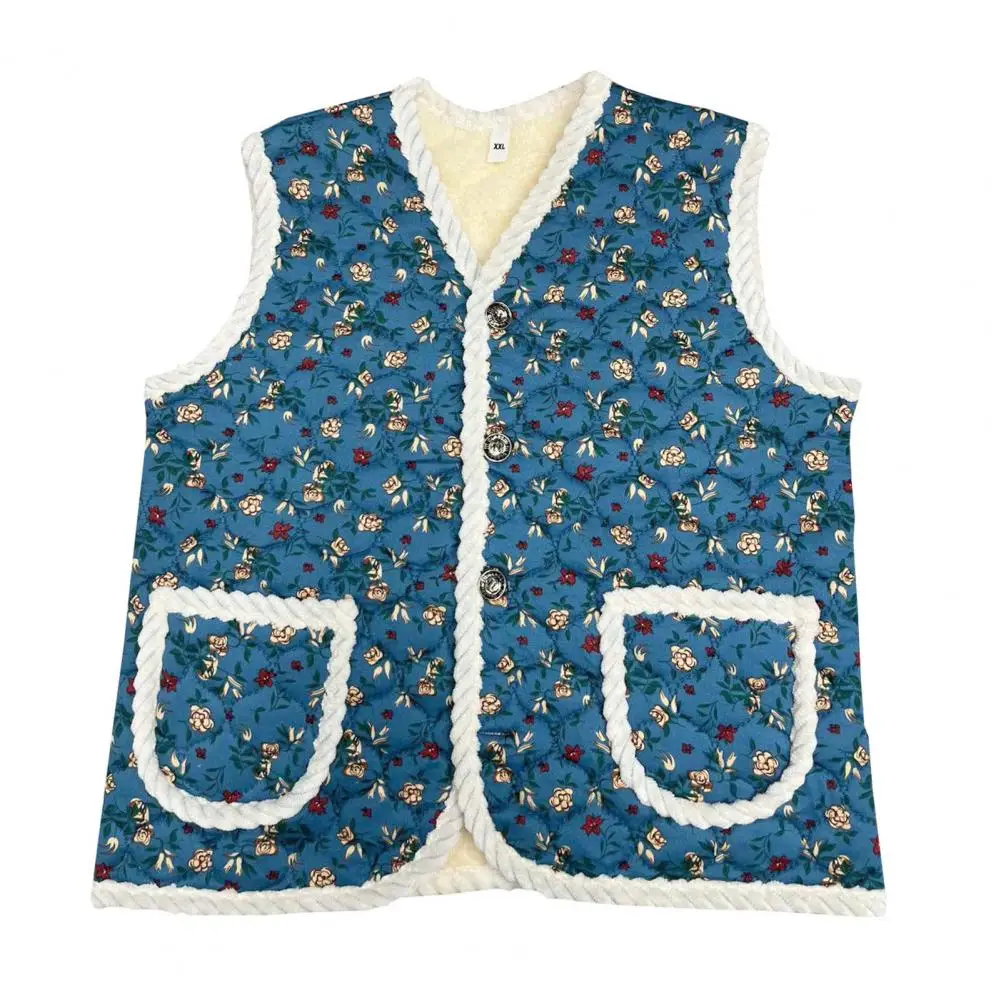 Winter Waistcoat Stylish Mid-aged Mother Waistcoat V Neck Cardigan with Flower Print Thick Plush Pockets for Fall/winter Weather